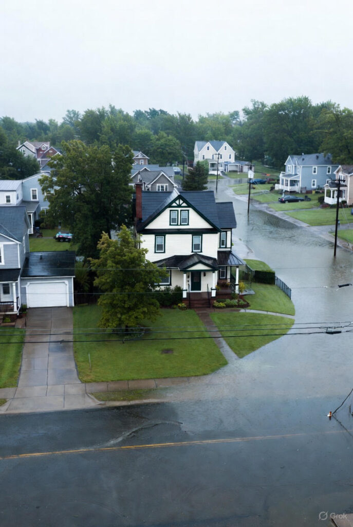 Flooded street at homes in lakeview