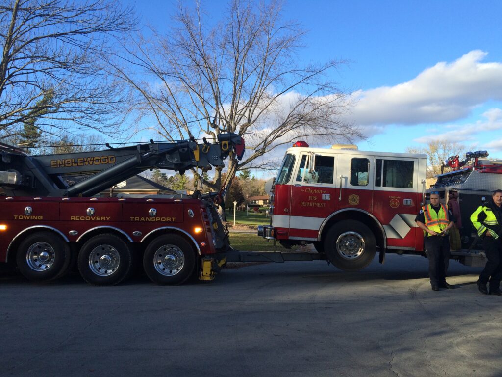 Towing Company Insurance: A Fire truck getting towed in Clayton, Ohio